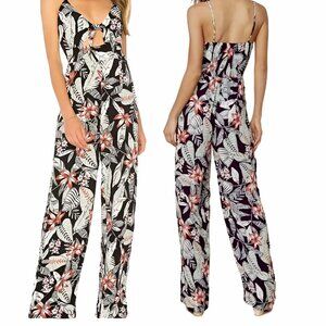 ⭐Women Jumpsuit MinkPink Revolve Sz S Black Floral Tropical sleeveless tie front